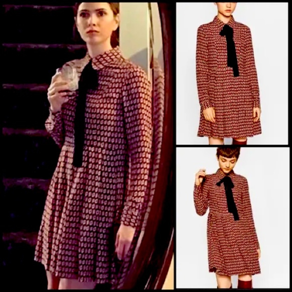Zara Geometric Print Long Sleeve Neck Tie Dress